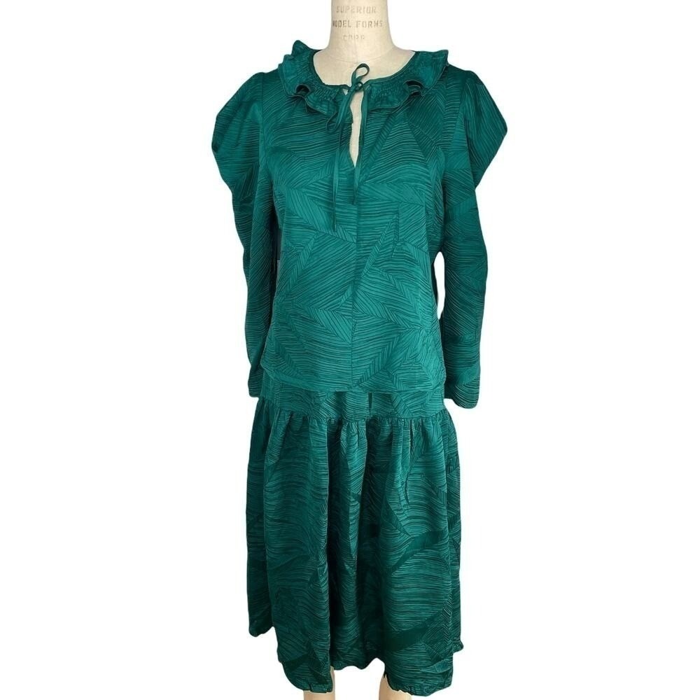 Current Air Anthropologie Skirt Set Green Leaf 2pc Size L Tiered Skirt & Blouse